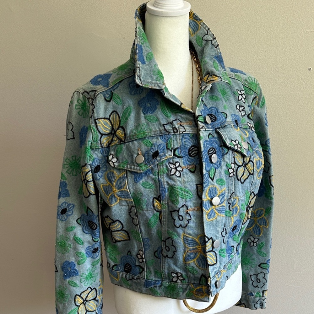 Floral Embroidered Denim Jacket - Blue/Green